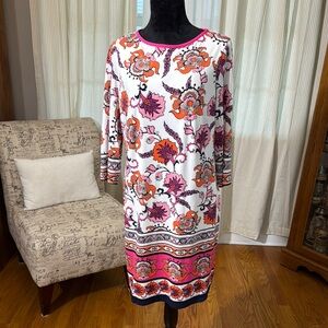 Chico's Red and Pink Sheath Dress 3/4 Sleeve Crew Neck